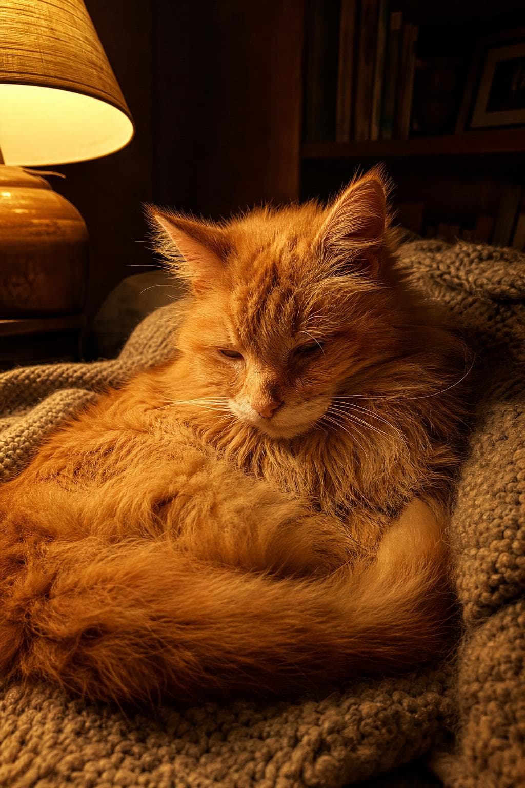 AI pet portrait in Cozy style — a long-haired ginger senior cat curled half asleep on a knitted blanket beside a low lamp, warm amber shadows
