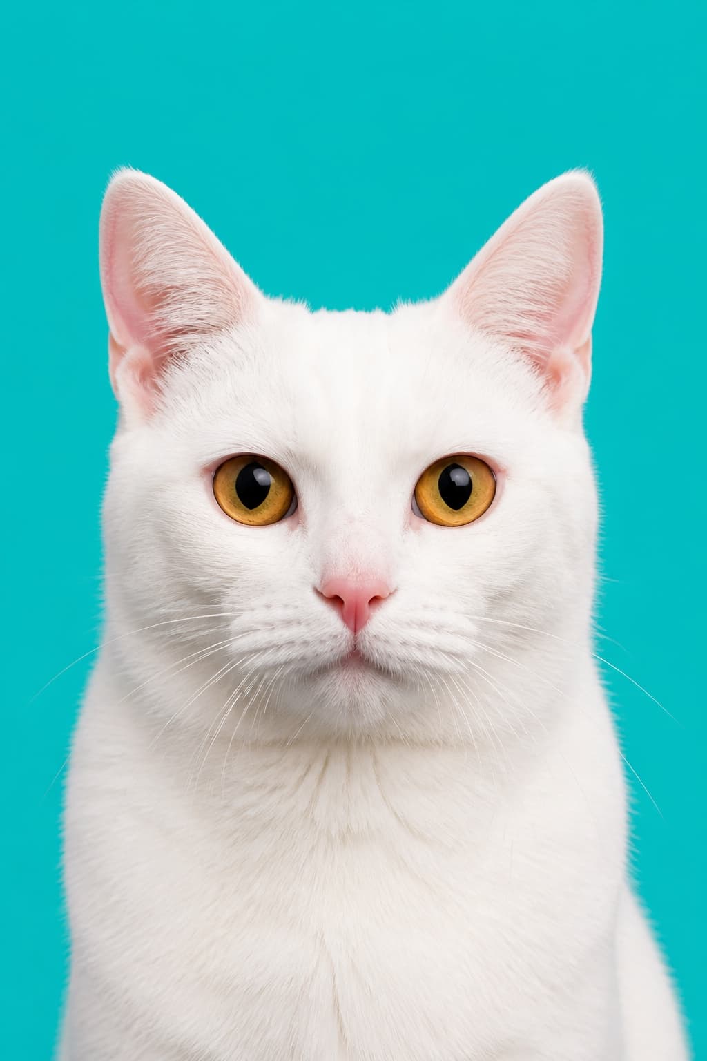 AI pet portrait in Colour Pop style — a white cat against one flat saturated teal background, bright even frontal light
