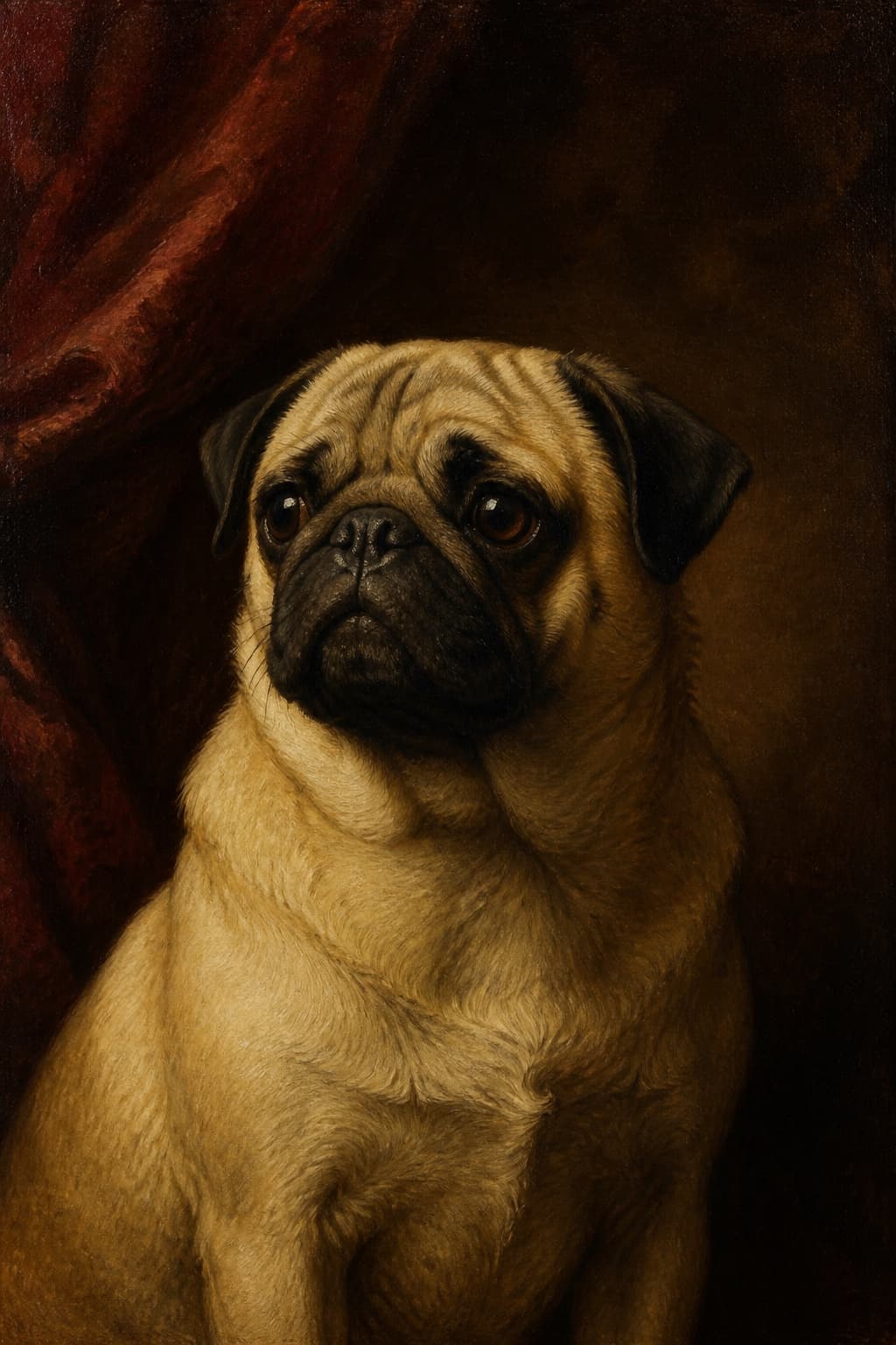 Painted AI pet portrait in Regal style — a dog rendered as a seventeenth-century oil painting with a velvet drape and visible brushwork