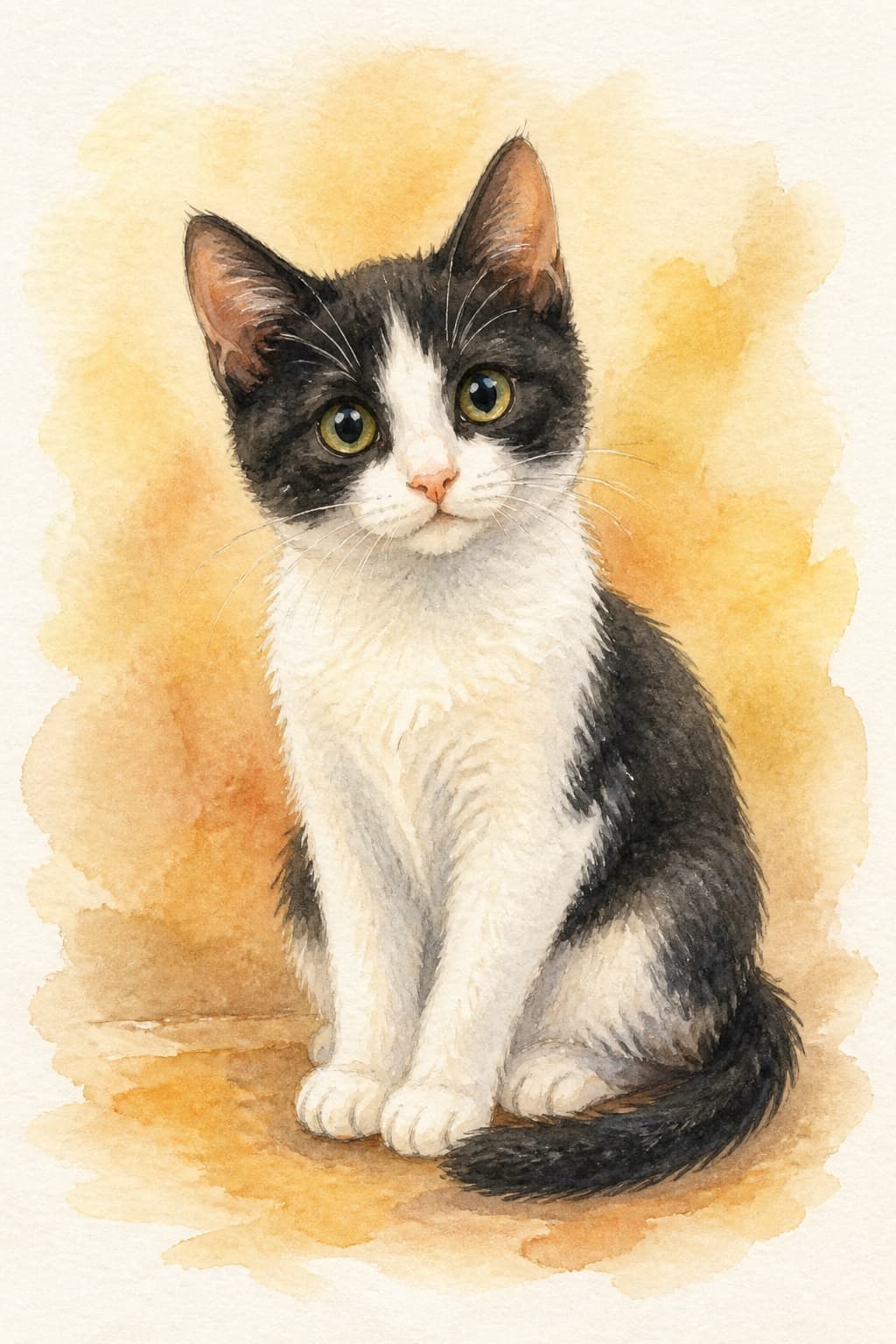 Painted AI pet portrait in Storybook style — a cat illustrated in soft watercolour with paper grain showing through