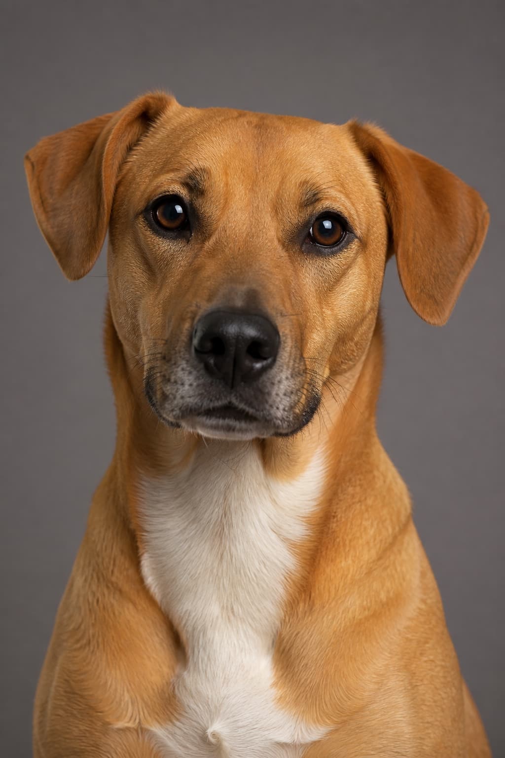 AI pet portrait in Classic style — a tan short-coated dog against a seamless warm-grey studio backdrop, soft key light